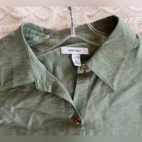 New! Nine West Button-Front Sage Green Long Shirt Dress Women’s Size Large - Picture 6 of 16